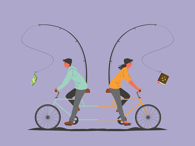 Two people ride a bike in different directions with dollars and a law book, representing how conflict increases Arizona divorce costs.